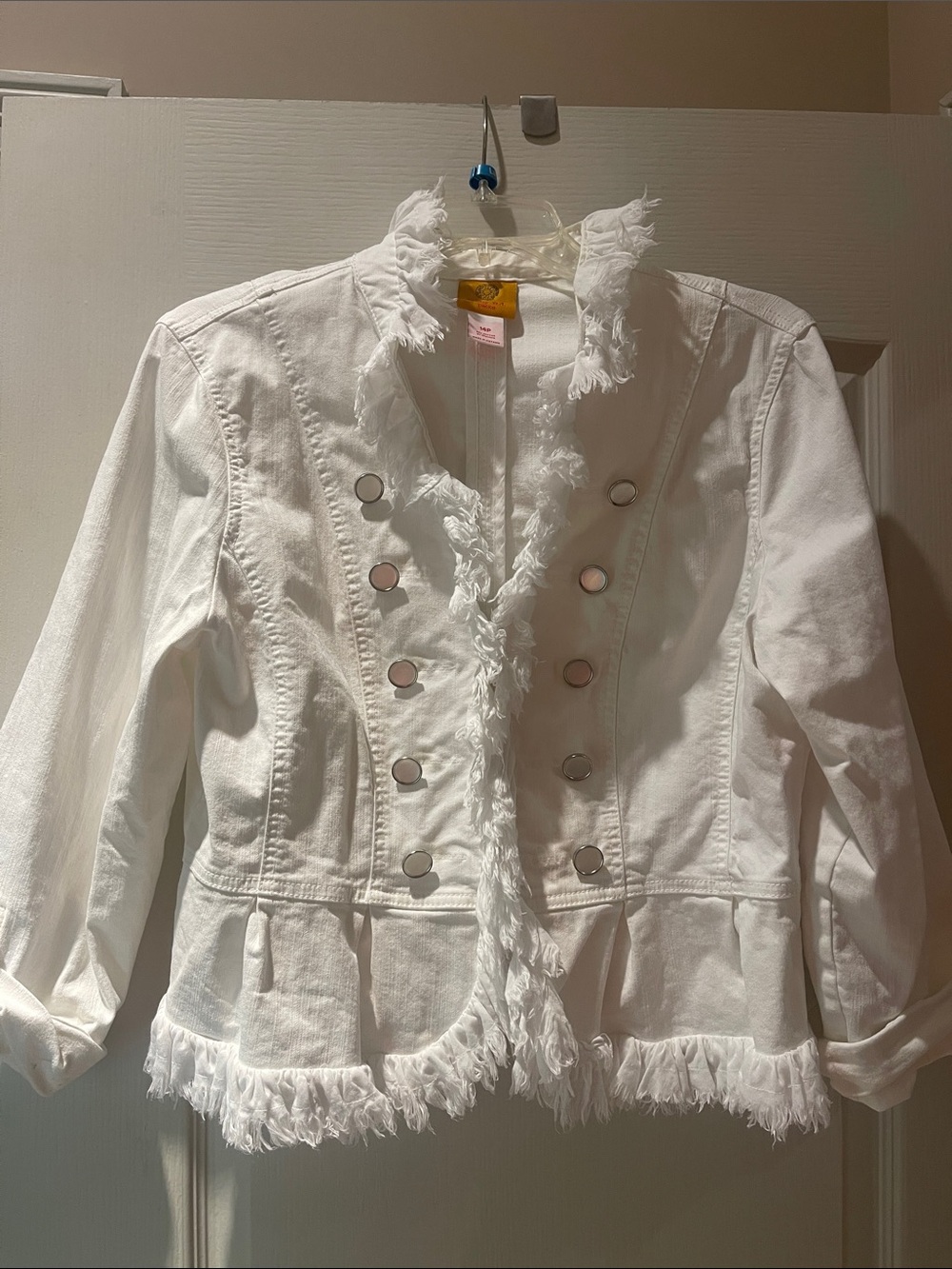 Ruby Rd. White Frayed-Trim Jean Jacket